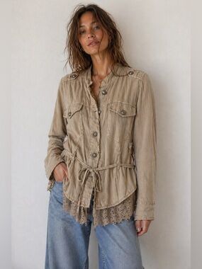 Free People Beige Utility Jacket w/ Lace Hem – Size L Boho Military Style